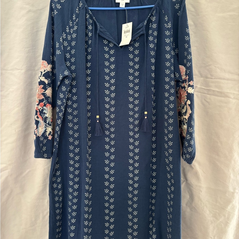 J. Jill Indigo Patterned Long Sleeve Embroidered Dress - NWT